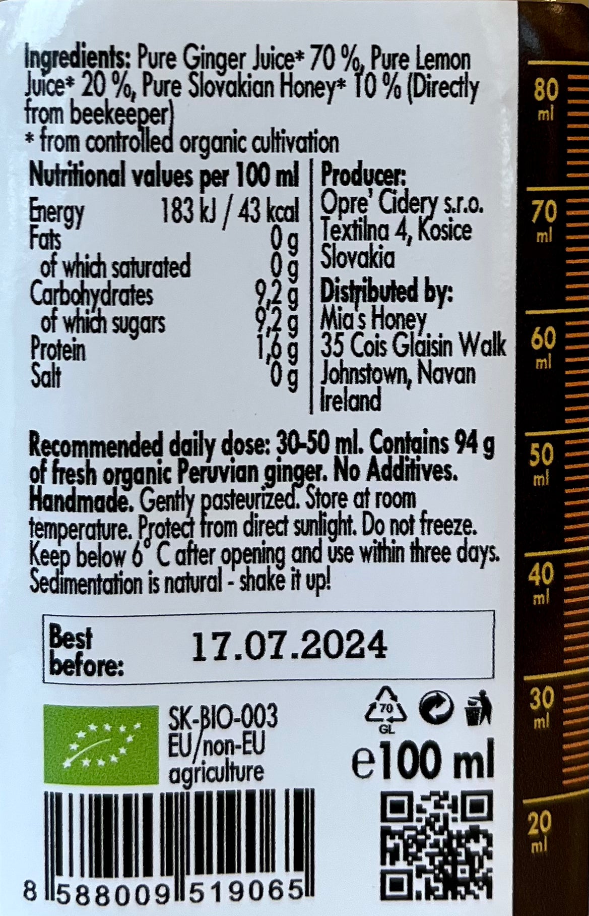 Organic Peruvian Ginger Shot with Lemon & Honey - 100ml