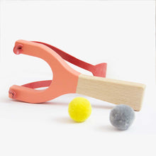 Catapult handmade from natural wood and rubber - yellow, coral, mint colours - jiminy eco-toys