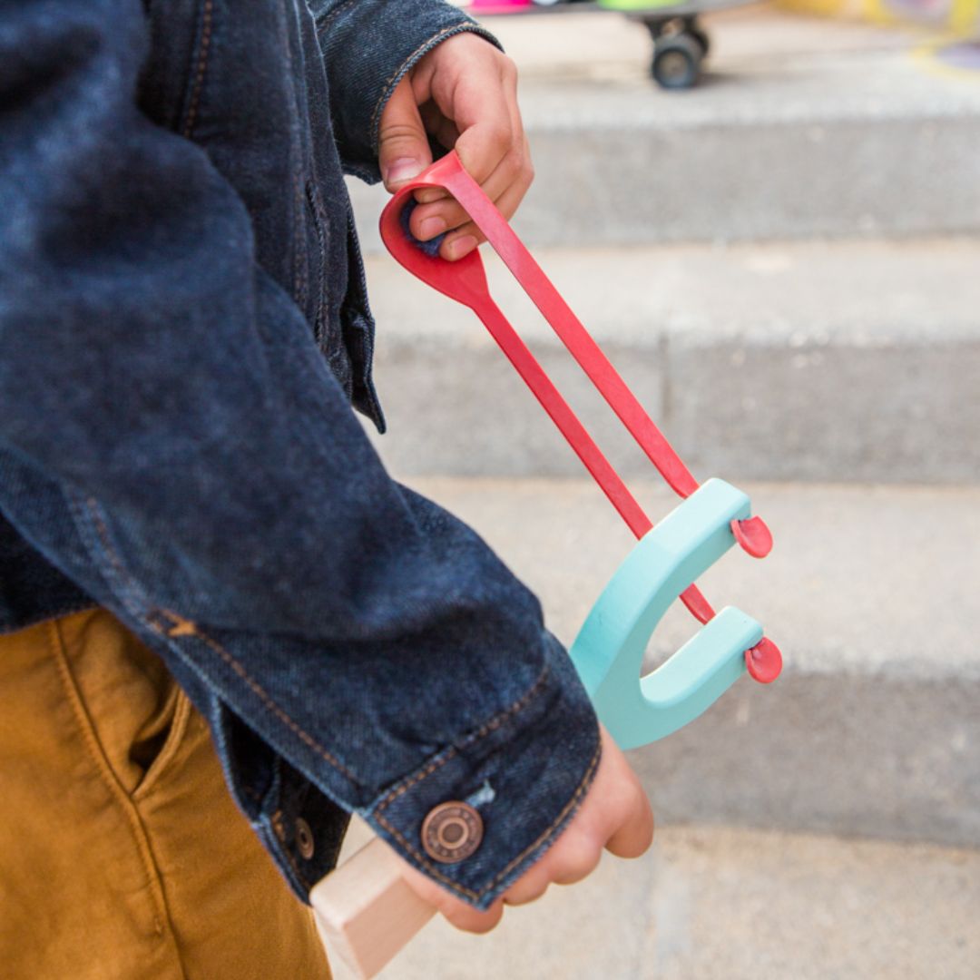 Catapult handmade from natural wood and rubber - yellow, coral, mint colours - jiminy eco-toys