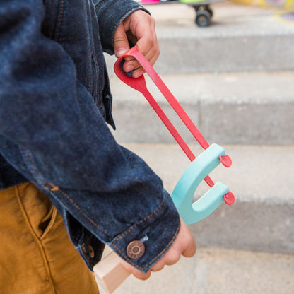 Catapult handmade from natural wood and rubber - yellow, coral, mint colours - jiminy eco-toys