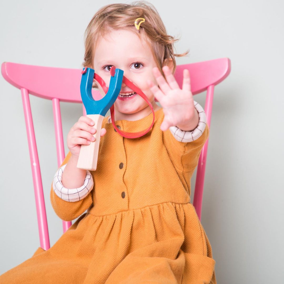 Catapult handmade from natural wood and rubber - yellow, coral, mint colours - jiminy eco-toys
