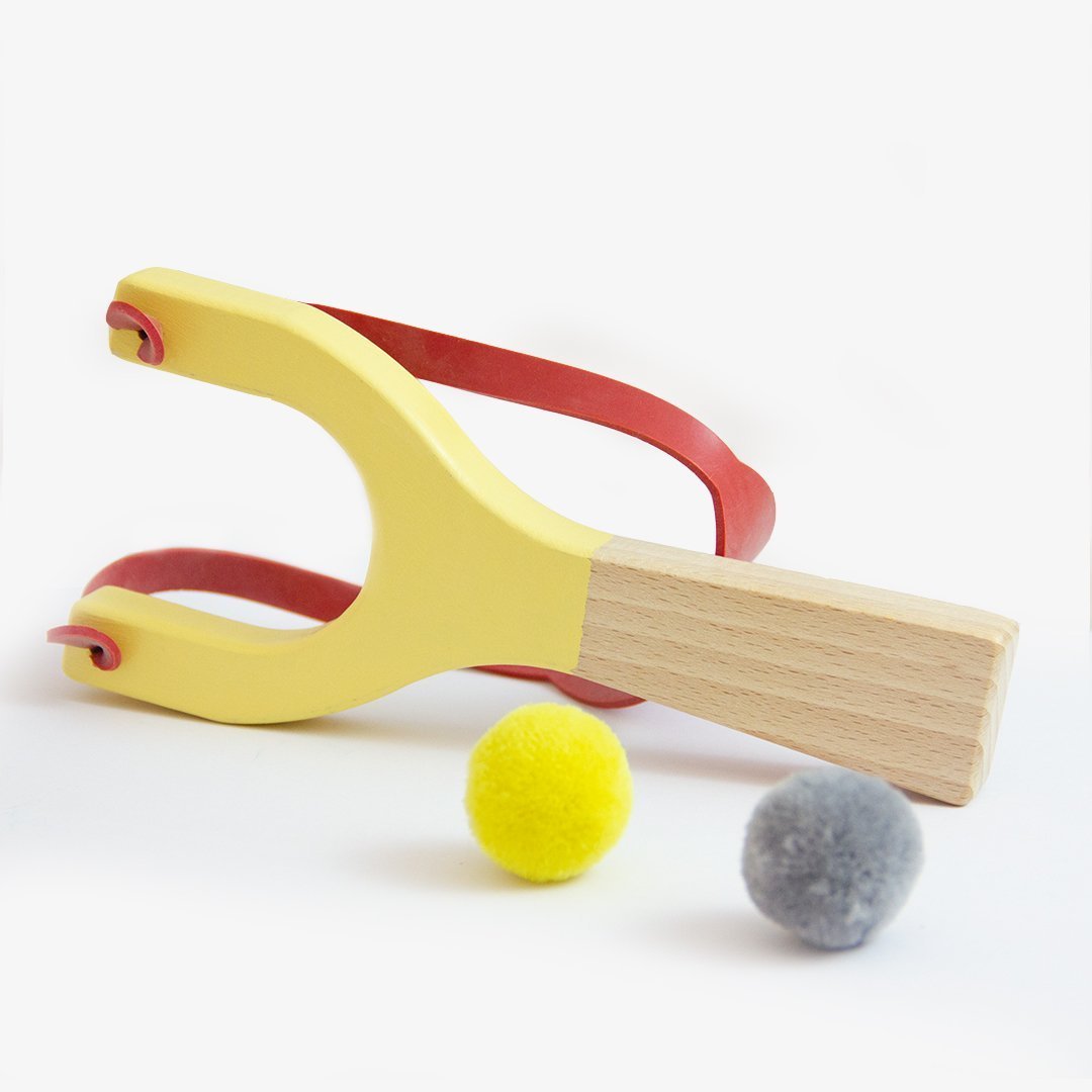 Catapult handmade from natural wood and rubber - yellow, coral, mint colours - jiminy eco-toys