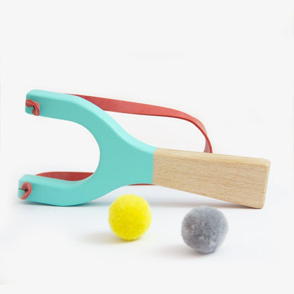 Catapult handmade from natural wood and rubber - yellow, coral, mint colours - jiminy eco-toys
