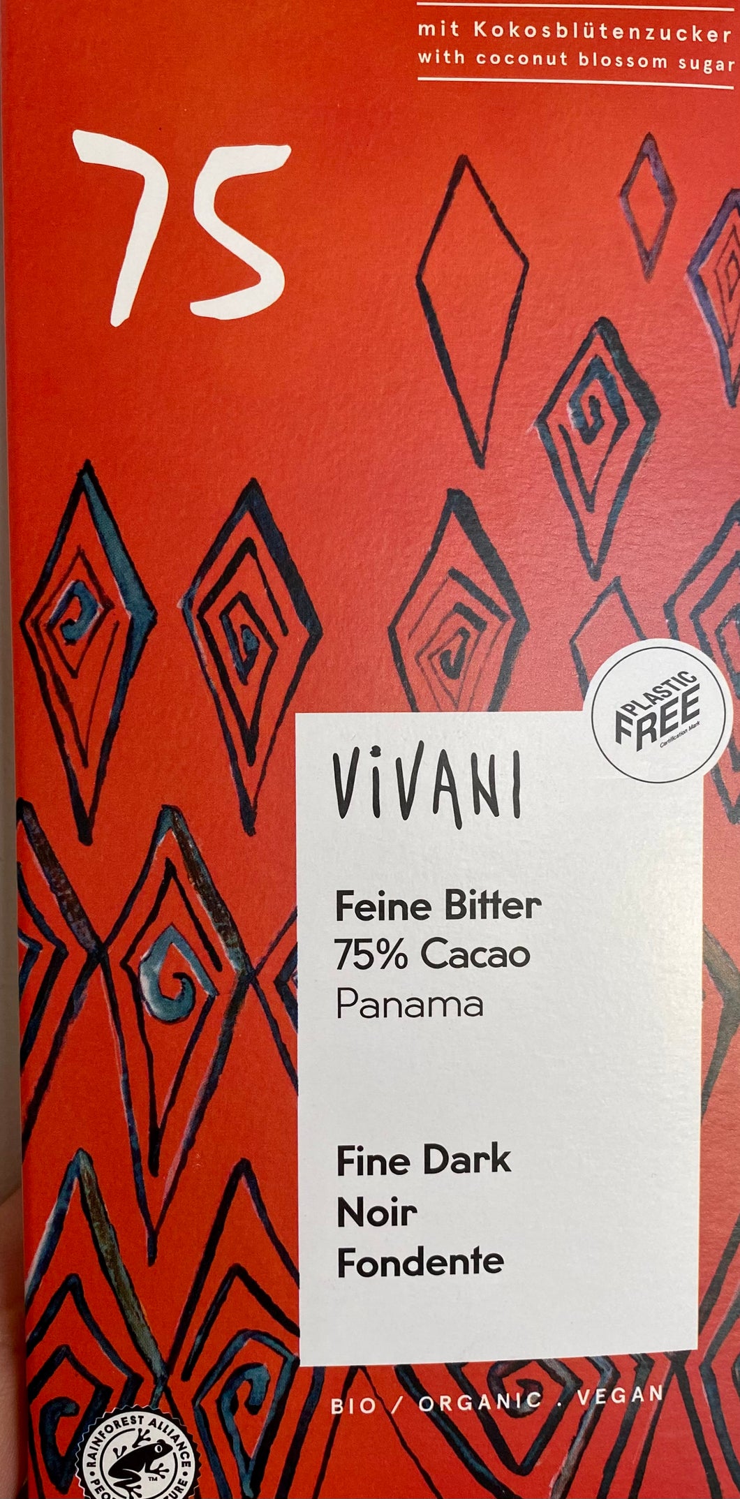 Organic 75% Dark Chocolate Bar with Coconut Blossom Sugar  -80 g